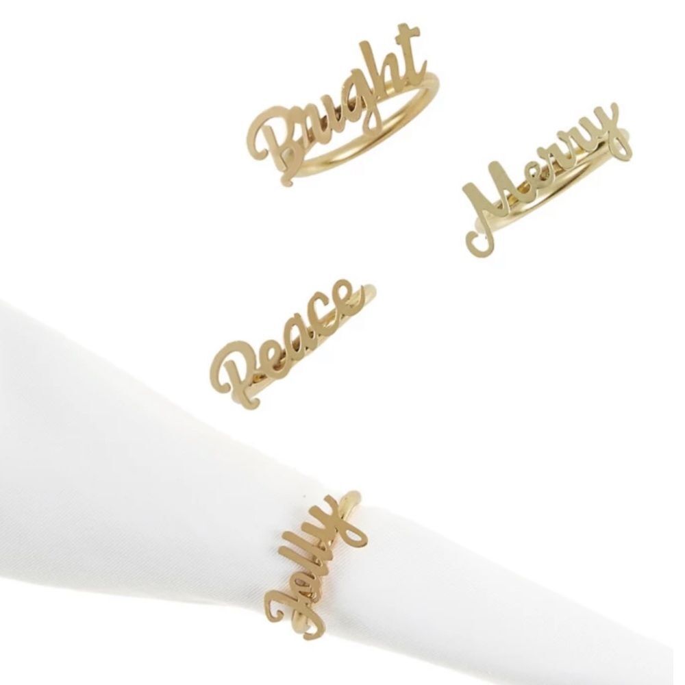 Bee & Willow Christmas Napkin Ring Set Merry Jolly Peace Bright Gold (Set of 4)